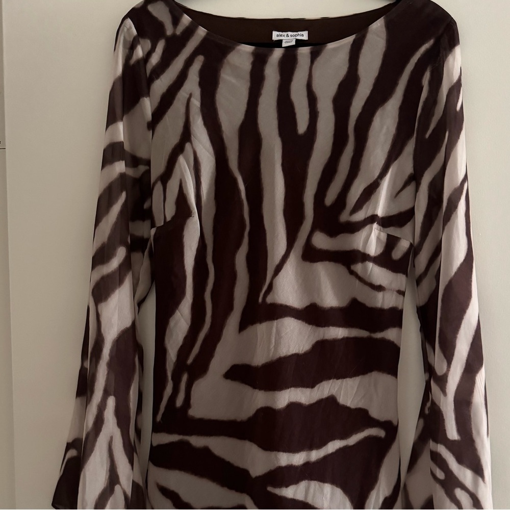Alex & Sophia Zebra Print Long Sleeve Mesh Mini Dress in Brown | NWOT - Picture 9 of 14